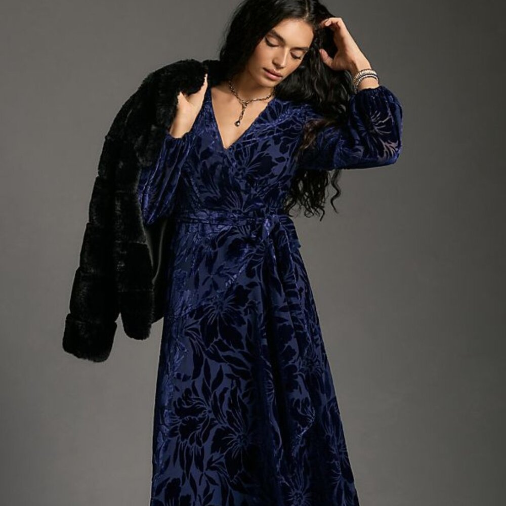 New Anthropologie Hutch Long-Sleeve V-Neck Wrap Midi Dress